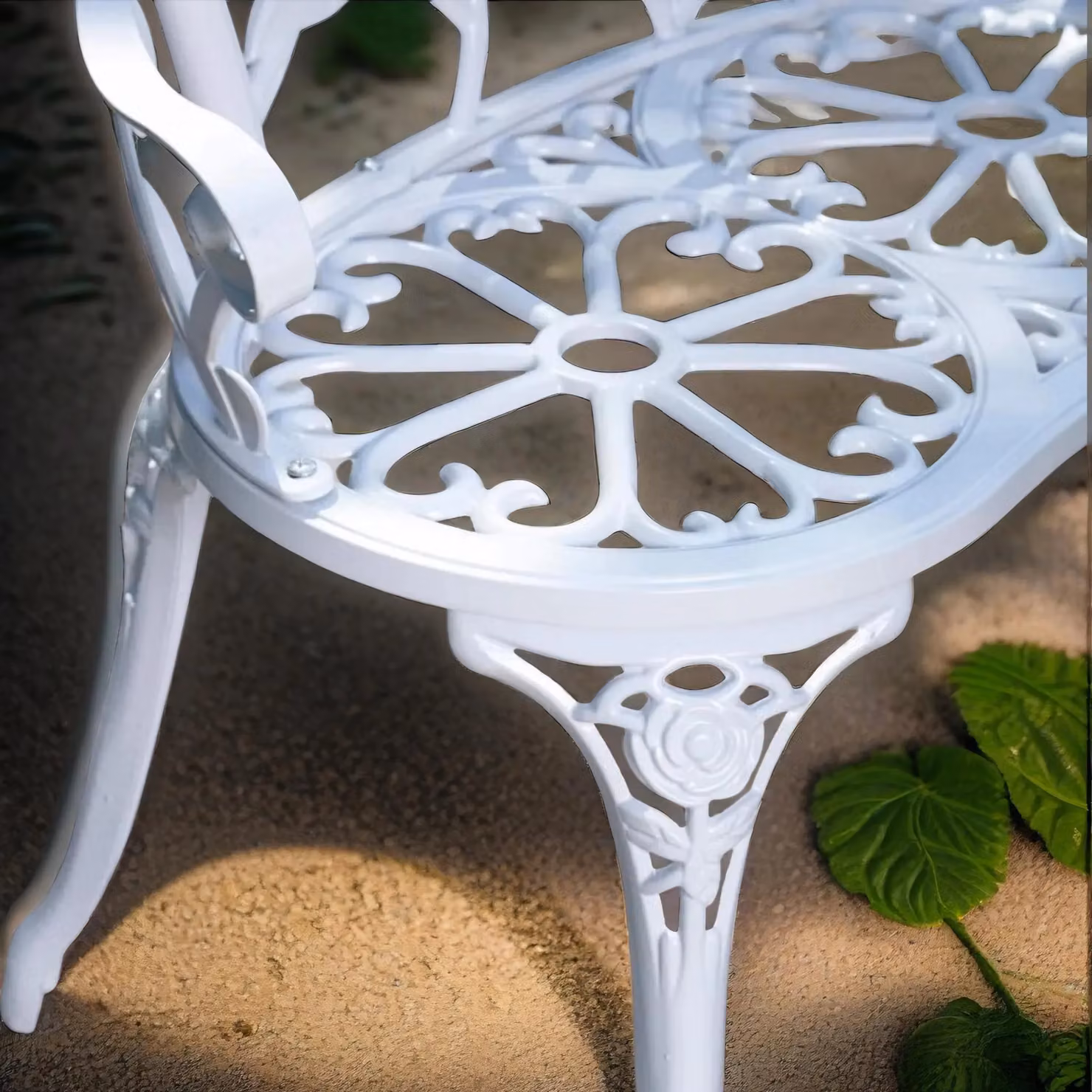 FURNOS White Metal Garden Bench with Antique Floral Rose Petal Detail – 5