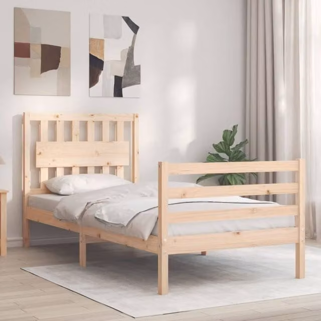 Berkfield Home Single Solid Wood Bed Frame with Headboard in Brown Pine, 90 x 200 cm