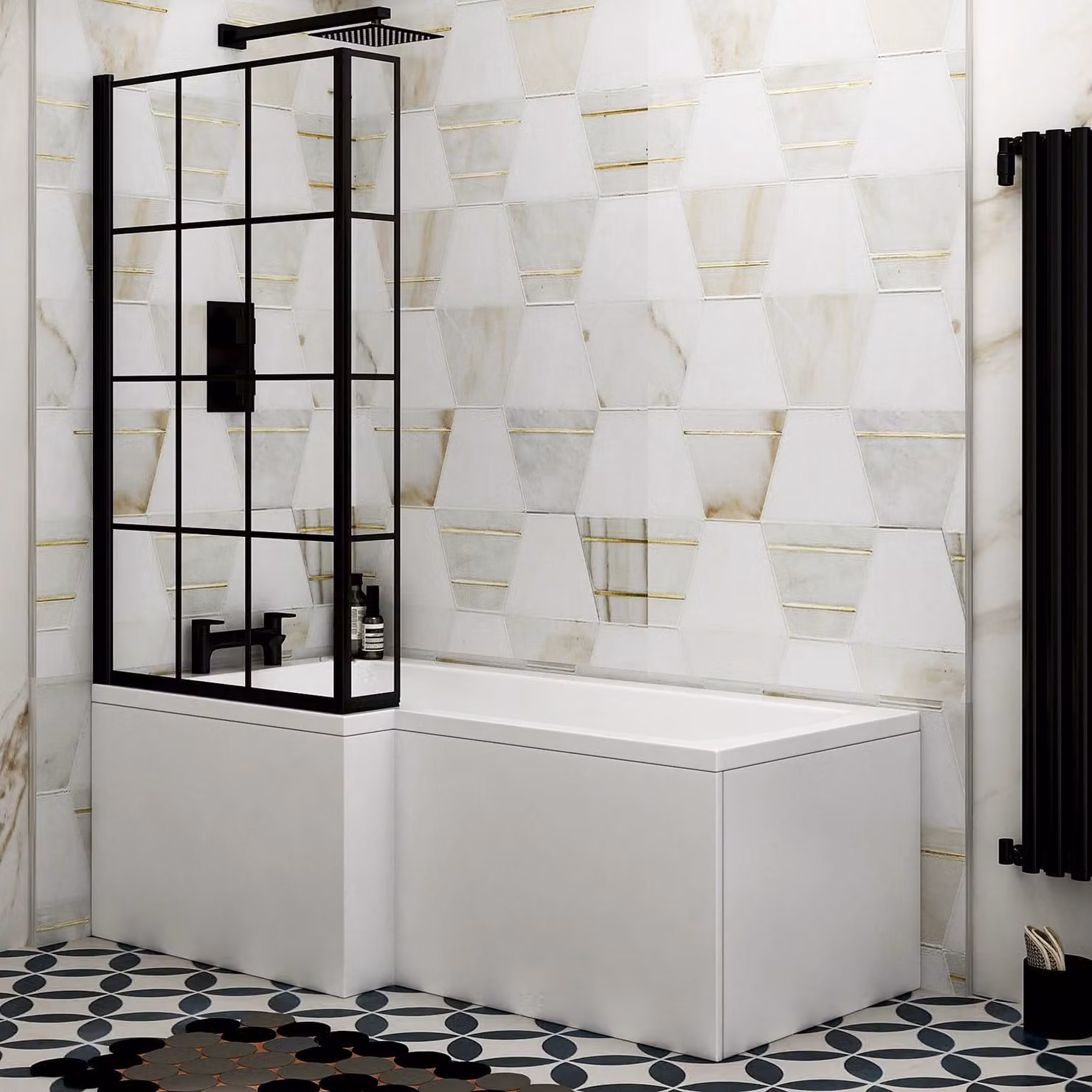 Qubix Asymmetric L Shaped Acrylic Shower Bath with Black Framed Screen and Front Bath Panel, White and Black, W: 170 cm, D: 85 cm