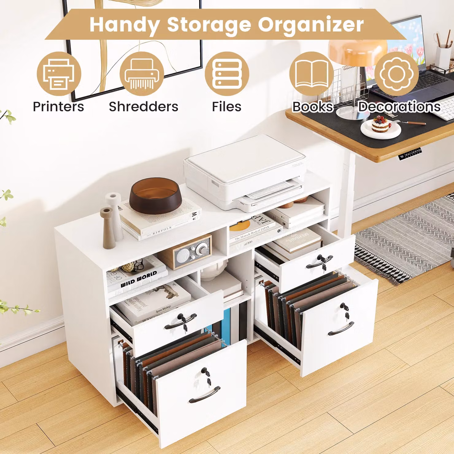 Costway Mobile Lateral File Cabinet Storage Organiser with Lock in White – 3