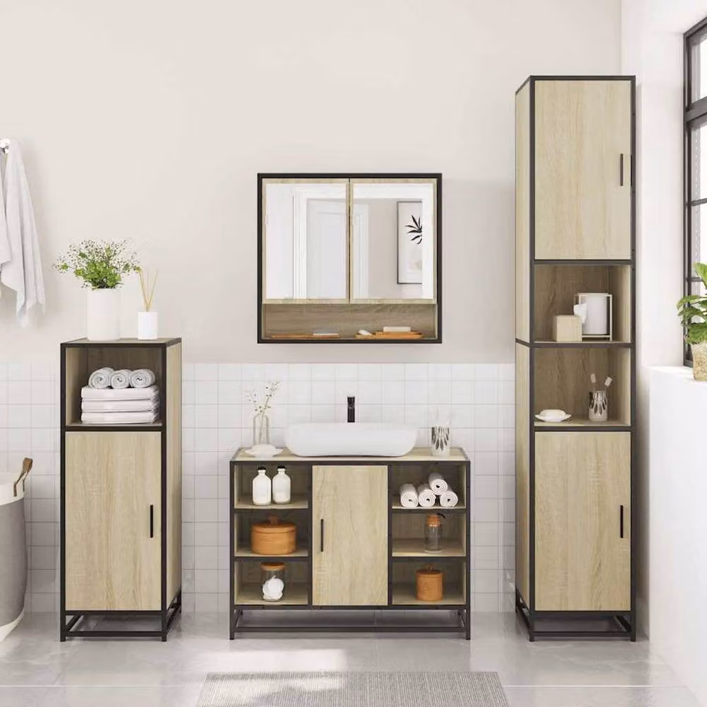 Berkfield Home 2 Piece Industrial Bathroom Furniture Set in Brown Sonoma Oak with Vanity Unit and Mirror Cabinet – 3