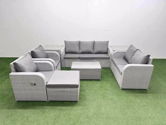 Fimous Grey PE Rattan Garden Furniture Set with 2 Seater Sofa, Coffee Table, Ottoman and Side Tables