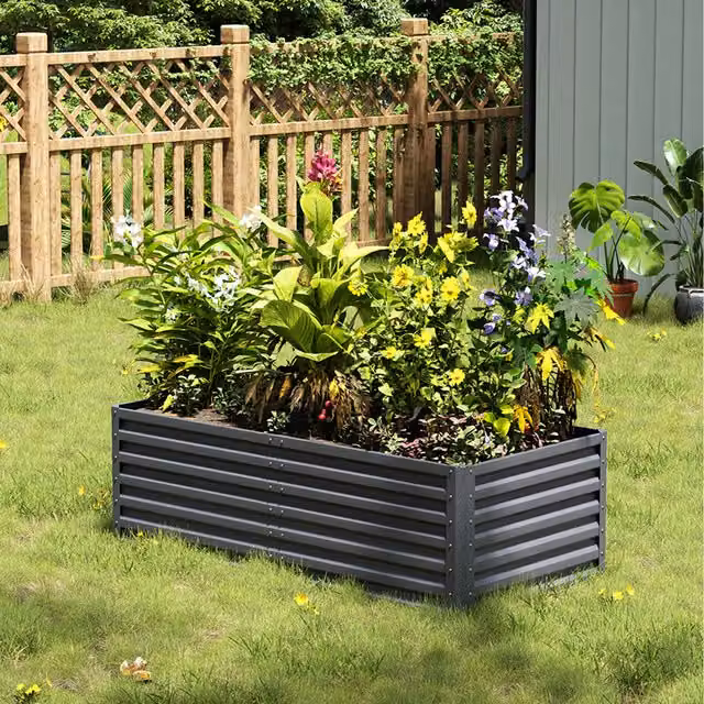Livingandhome Grey Metal Raised Garden Bed for Vegetable, Herb or Ornamental Gardens