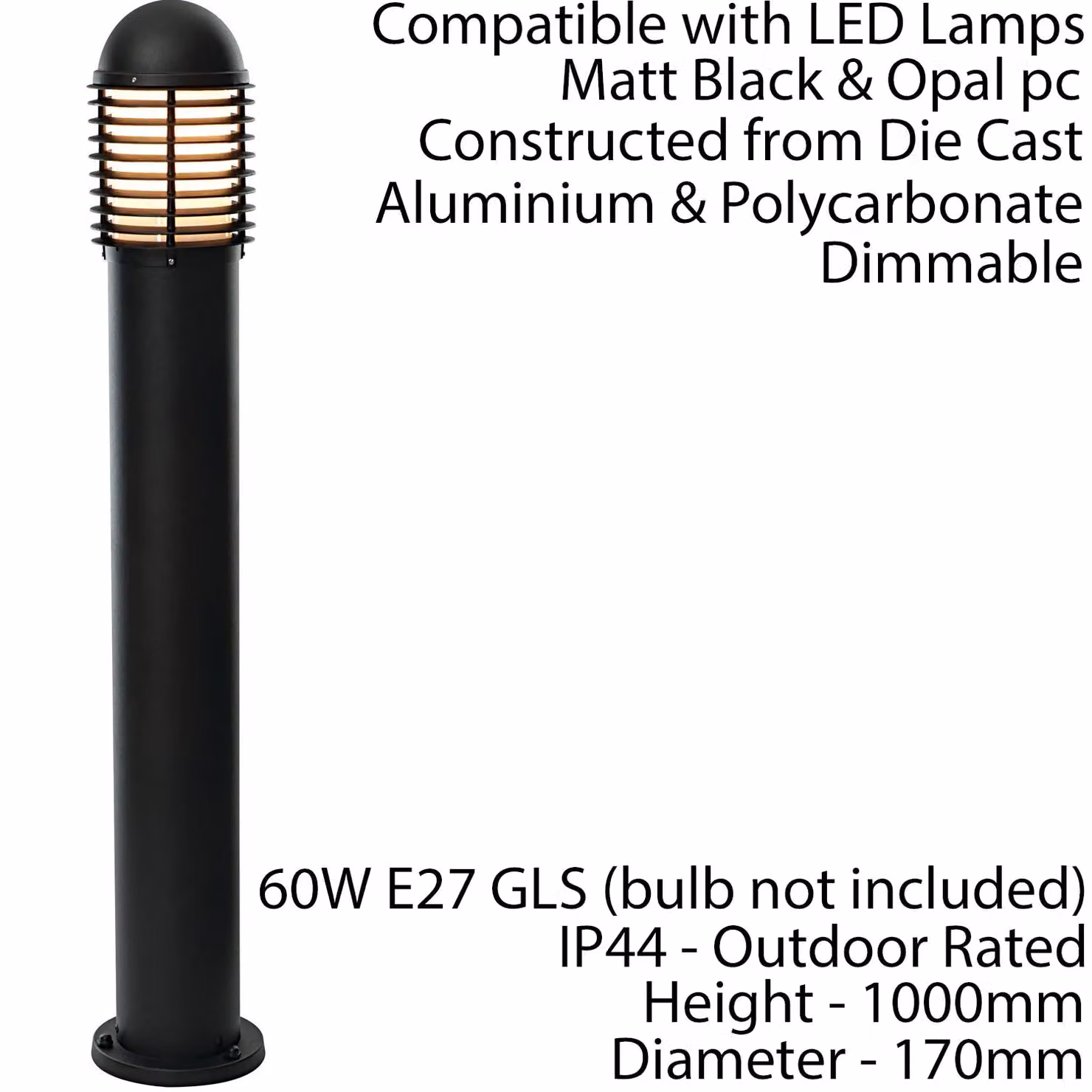 Loops Matt Black Outdoor IP44 Bollard Light for Garden and Terrace, H: 100 cm – 2