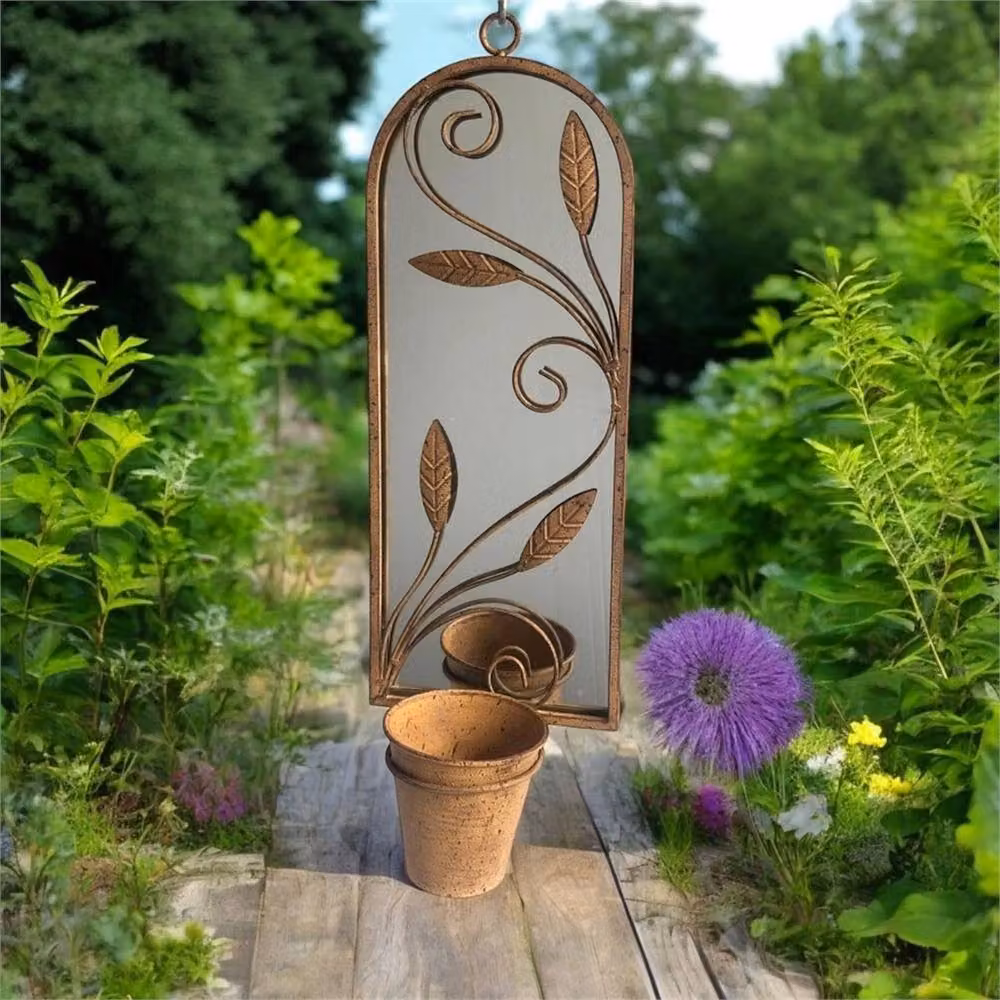 Nordara Rusty Metal Arched Garden Mirror with Floral Planter Pot in Brown, H 100 cm x W 15 cm – 2