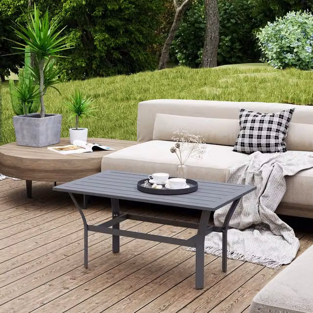 Outsunny Metal Garden Coffee Table with Slatted Tabletop, Dark Grey, W/D/H: 91.5 x 55 x 55 cm