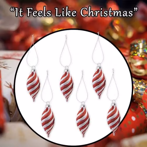 VFM e-Store Christmas Glass Hanging Pendant Decorations in Red and White Striped Geometric Patterns, Pack of 6 – 6