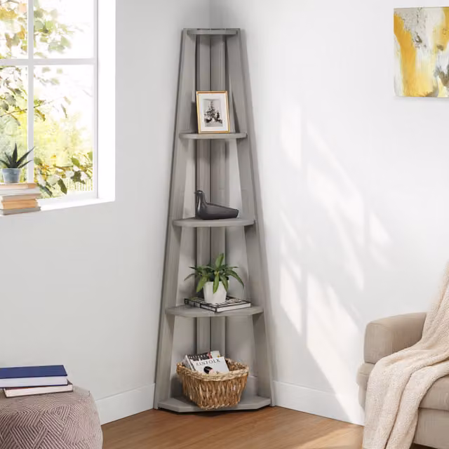 Mercers Furniture Corona Grey Wax Corner Ladder Bookcase in Solid Mexican Pine, H: 161.0 cm, W: 36.0 cm, D: 61.0 cm