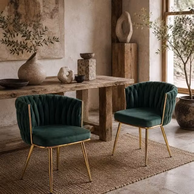 Wyld Haus Sosura Set of 2 Modern Dining Chairs in Green Velvet with Gold Metal Legs