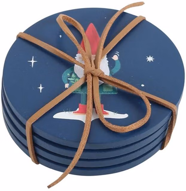 KDMK Gnome Sweet Winter Round Wooden Coaster Set in Multicolour and Blue