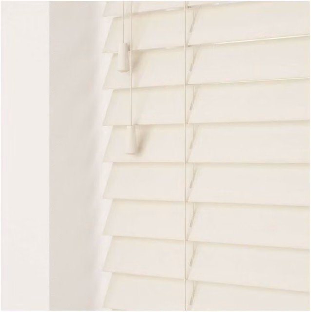 NewEdgeBlinds Smooth Finish Faux Wood Venetian Blinds with Cord in Misty White, Drop: 120 cm