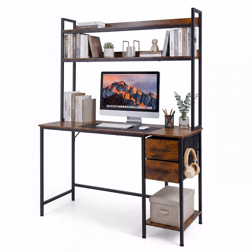 Gymax Industrial Reversible Executive Writing Desk with Hutch and Drawers, Brown – 7