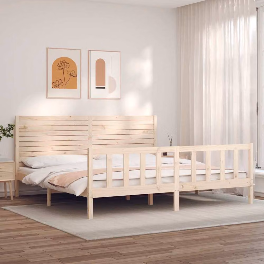 Berkfield Home Beautiful Bed Frame with Headboard in Natural Solid Pine, W/D/H: 200 x 200 x 205.5 cm – 2