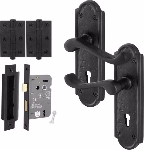 AFIT Black Antique Cast Iron Door Handles with Key Lock and 64mm Hinges, W/D/H: 15.0 x 15.0 x 15.0 cm