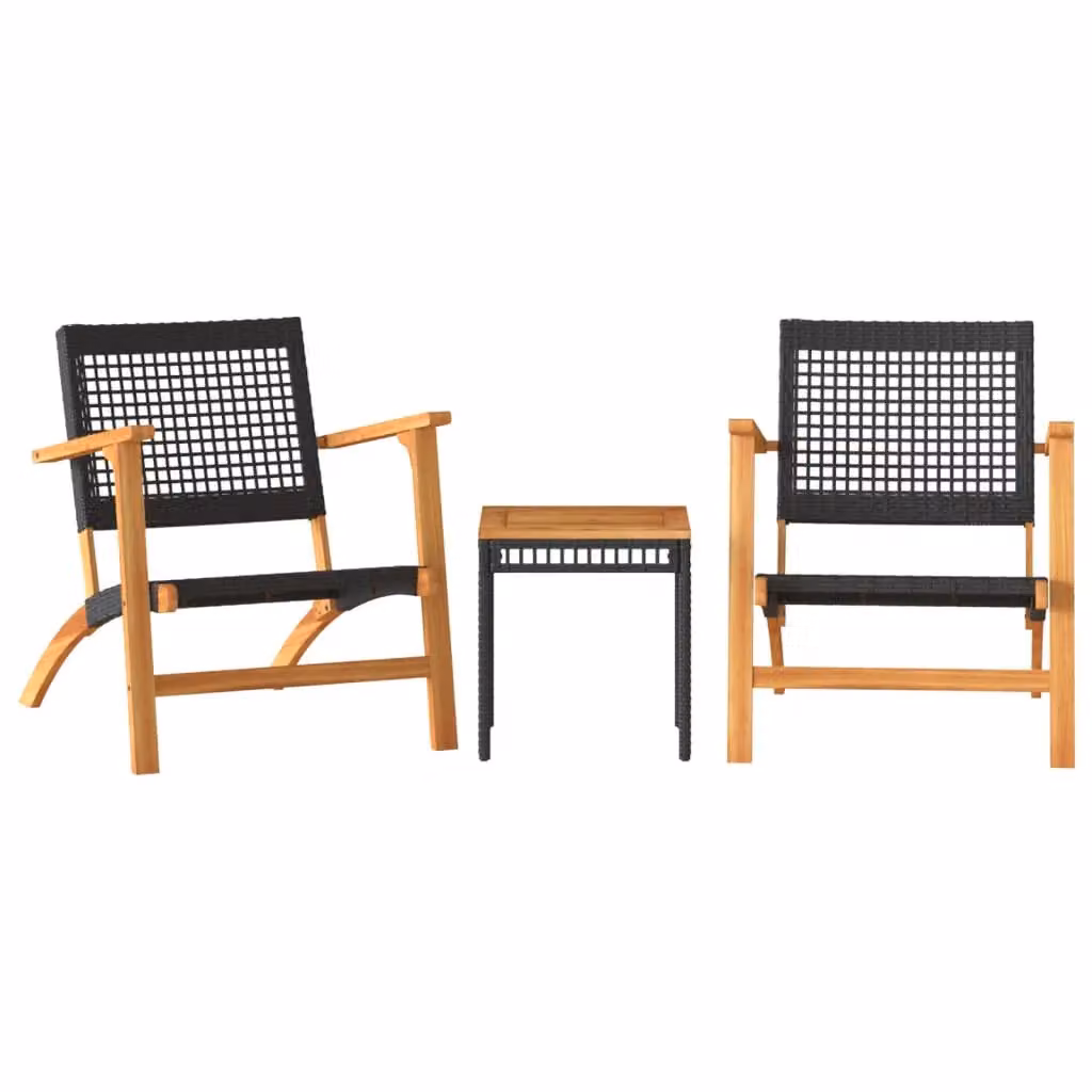 Berkfield Home 3 Piece Bistro Set in Black Poly Rattan and Solid Acacia Wood – 2