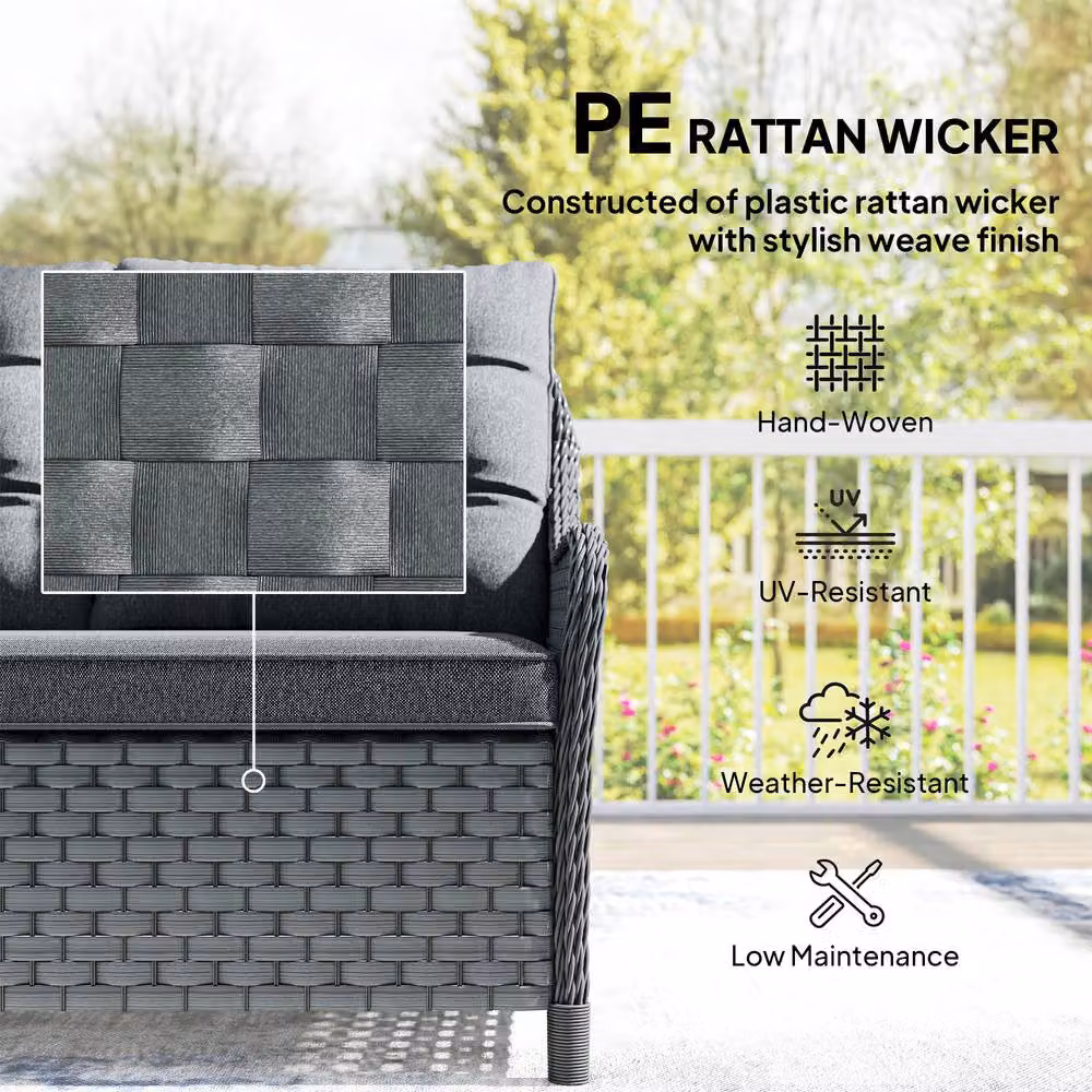 OUTSUNNY 4 Piece Grey Polyrattan Patio Furniture Set with Upholstered Cushions and Removable Covers – 5