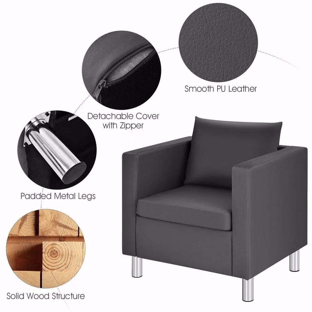 Kelvenix Grey PU Leather Single Sofa Chair with Armrests and Solid Wood Frame – 3
