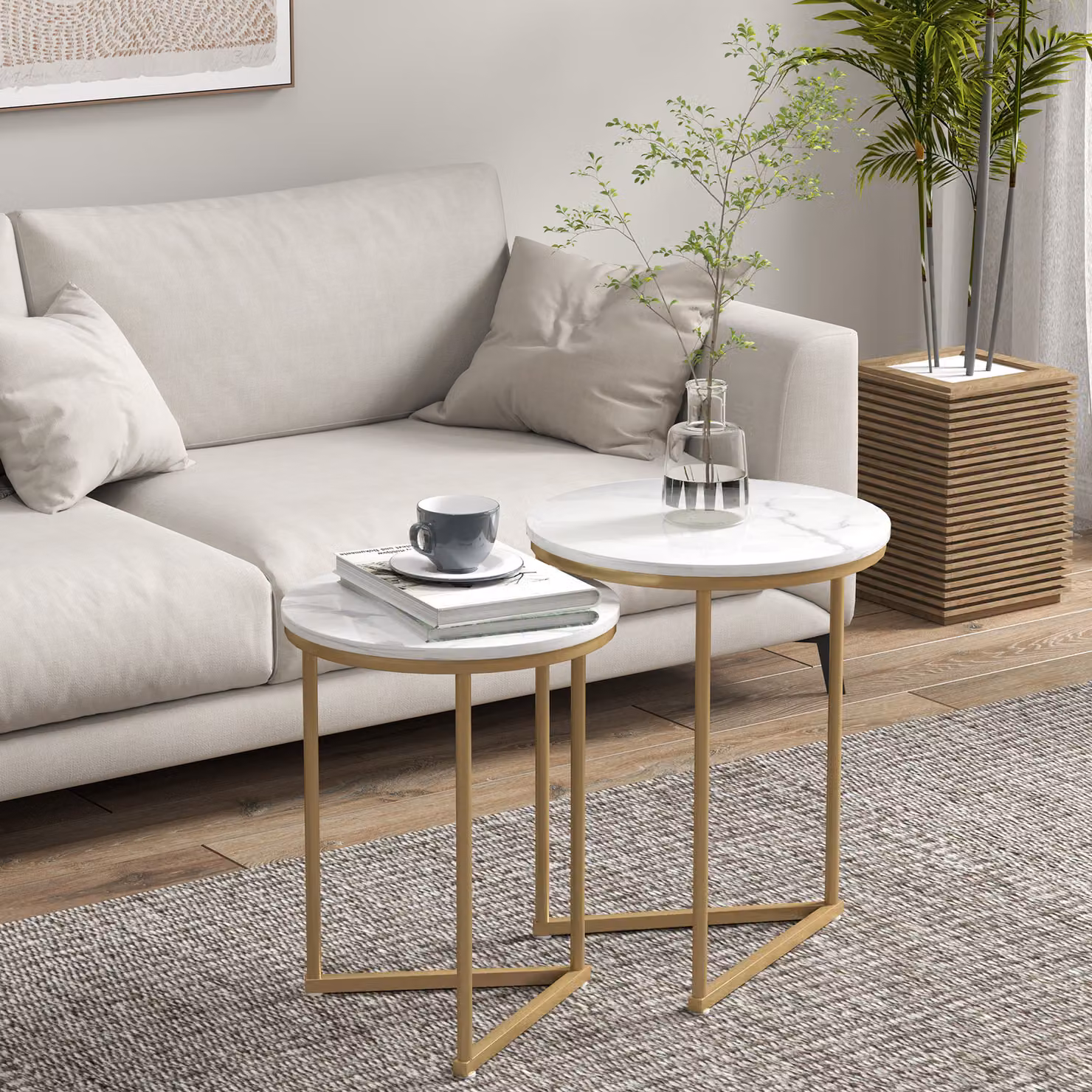 HOMCOM Set of Two Modern Round Nest of Tables with White Marble-Effect and Gold-Tone Finish – 4