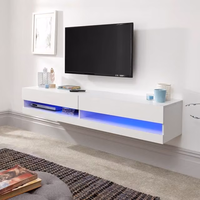 GFW Galicia Wall Mounted White Glossy TV Unit with Integrated LED Lighting, 150cm