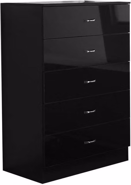 FORGEVIO Black Gloss 5 Drawer Tall Chest of Drawers with Matt Metal Handles – 1