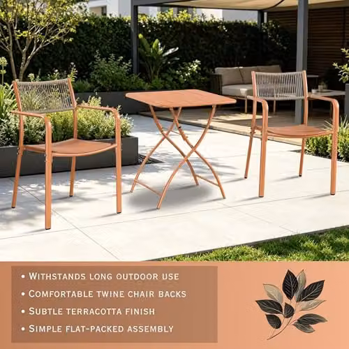 Core Products 3-Piece Bistro Garden Set with Two Rope-Back Armchairs and Folding Metal Table in White and Green – 2