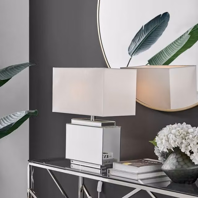 SAANVI Art Deco Table Lamp with White Fabric Shade and Silver Metal Base, Bulb Included