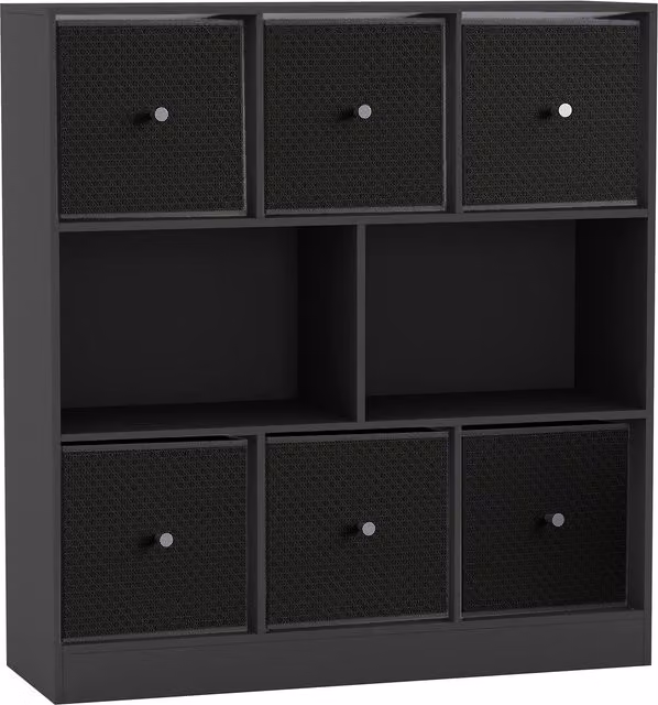 URBNLIVING Modern 8 Cube Black Bookcase with 6 Multicolour Fabric Storage Drawers
