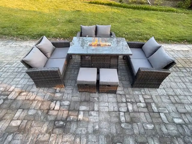 Fimous High Back Rattan Garden Furniture Set with Gas Firepit Dining Table and 2 Small Footstools in Dark Grey
