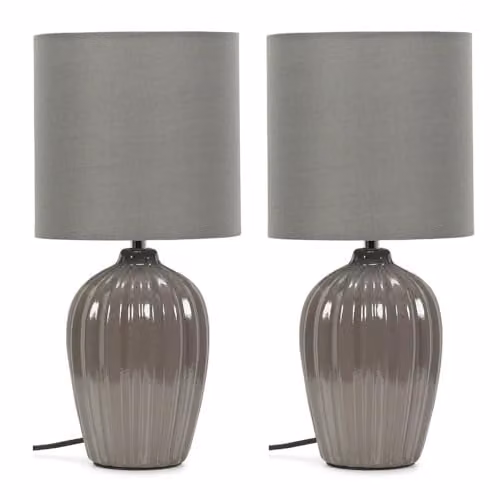 ValueLights Pair of Grey Fluted Ceramic Table Lamps with Fabric Shades and LED Bulbs