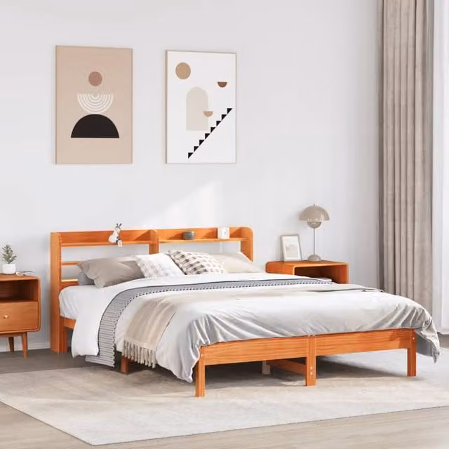 Berkfield Home Solid Wood Pine Bed Frame in Wax Brown with Side Compartments, 160 x 200 cm