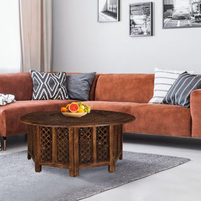 Topfurnishing Round Mango Wood Carved Coffee Table in Brown