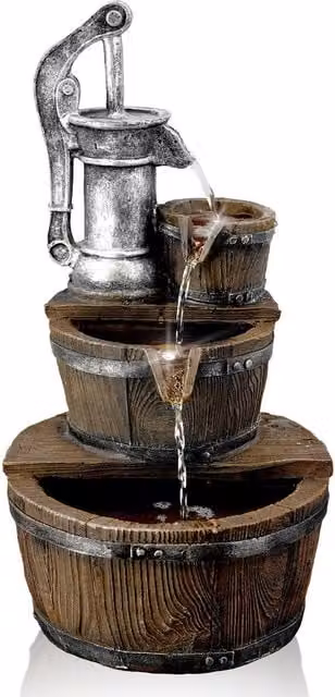GEEZY Brown Rustic Polyresin Pump Barrel Cascade Fountain with Multicolour LED Lights for Indoor or Outdoor Garden Decor