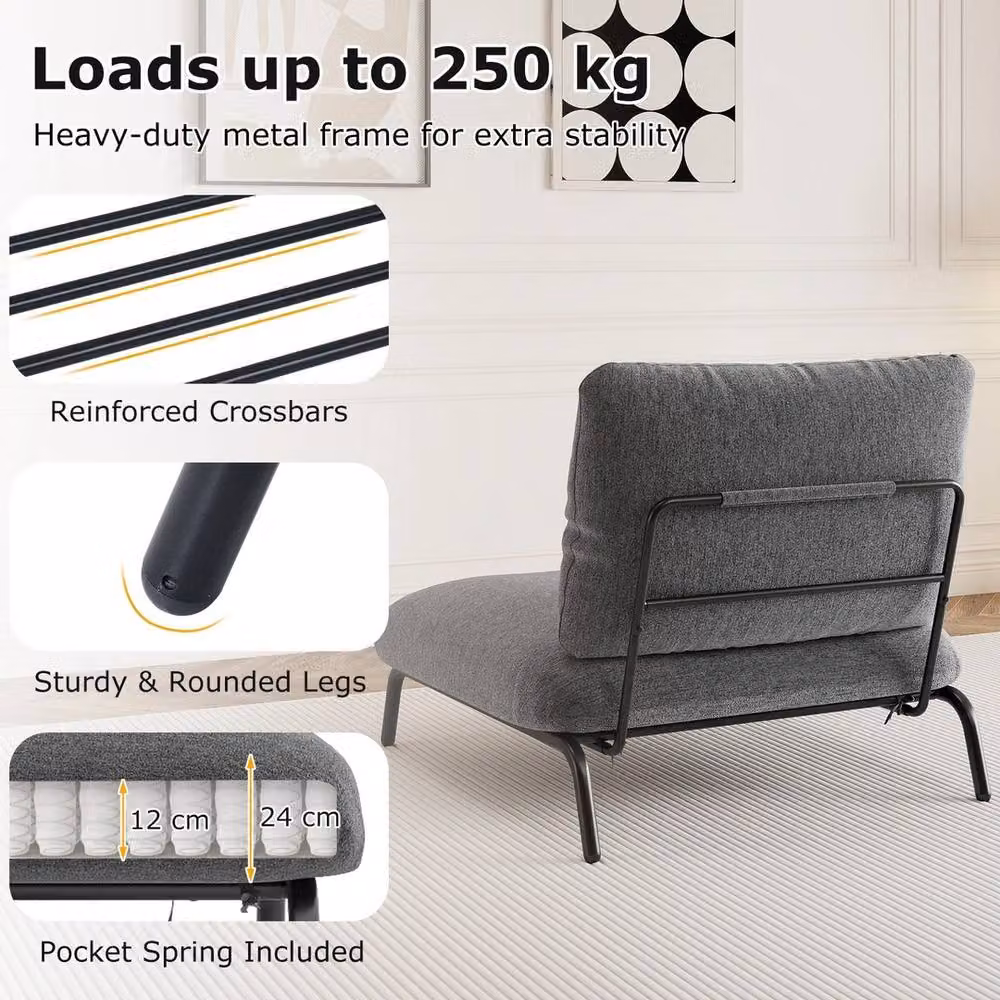 VOGREX Grey Oversized Modern Fabric Accent Chair with Metal Frame and Armrests – 3