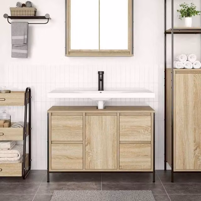 Berkfield Home Decorative Basin Cabinet with Drawers in Sonoma Oak, Light Brown, W/D/H: 90 x 34.5 x 60 cm