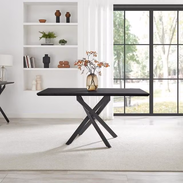 FurnitureboxUK Leonardo Black Top Dining Table with 6 Beaumont Grey Fabric Chairs