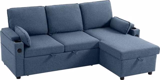 HOMCOM L-Shaped Corner Sofa Bed in Blue with Reversible Storage Chaise, USB Charging and Cup Holders – 1