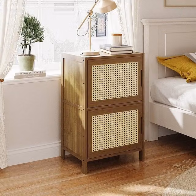 EONLION Brown Wooden Bedside Table with Rattan Cabinet and Geometric Design – 1