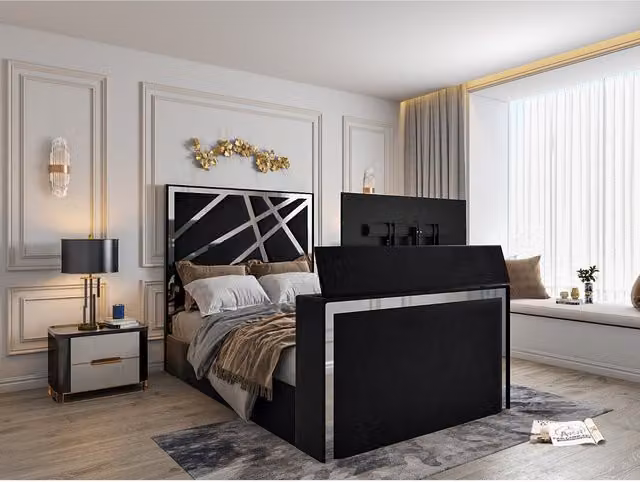 Casani Rayleigh Upholstered Soft Velvet TV Bed Frame in Boucle Fabric, Ivory, Single, 90 x 190 cm