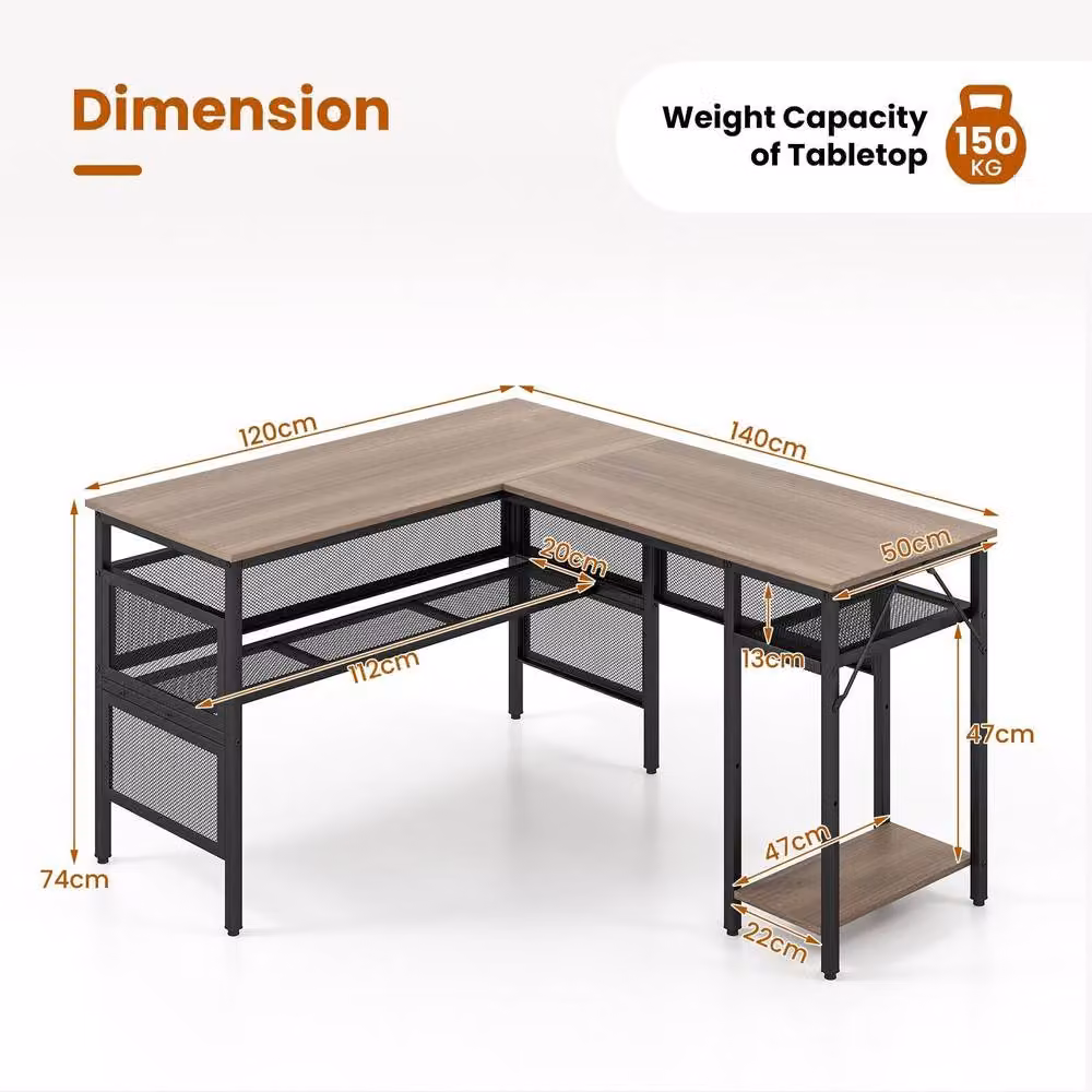 Costway L-Shaped Reversible Corner Computer Desk with Mesh Storage in Grey – 2