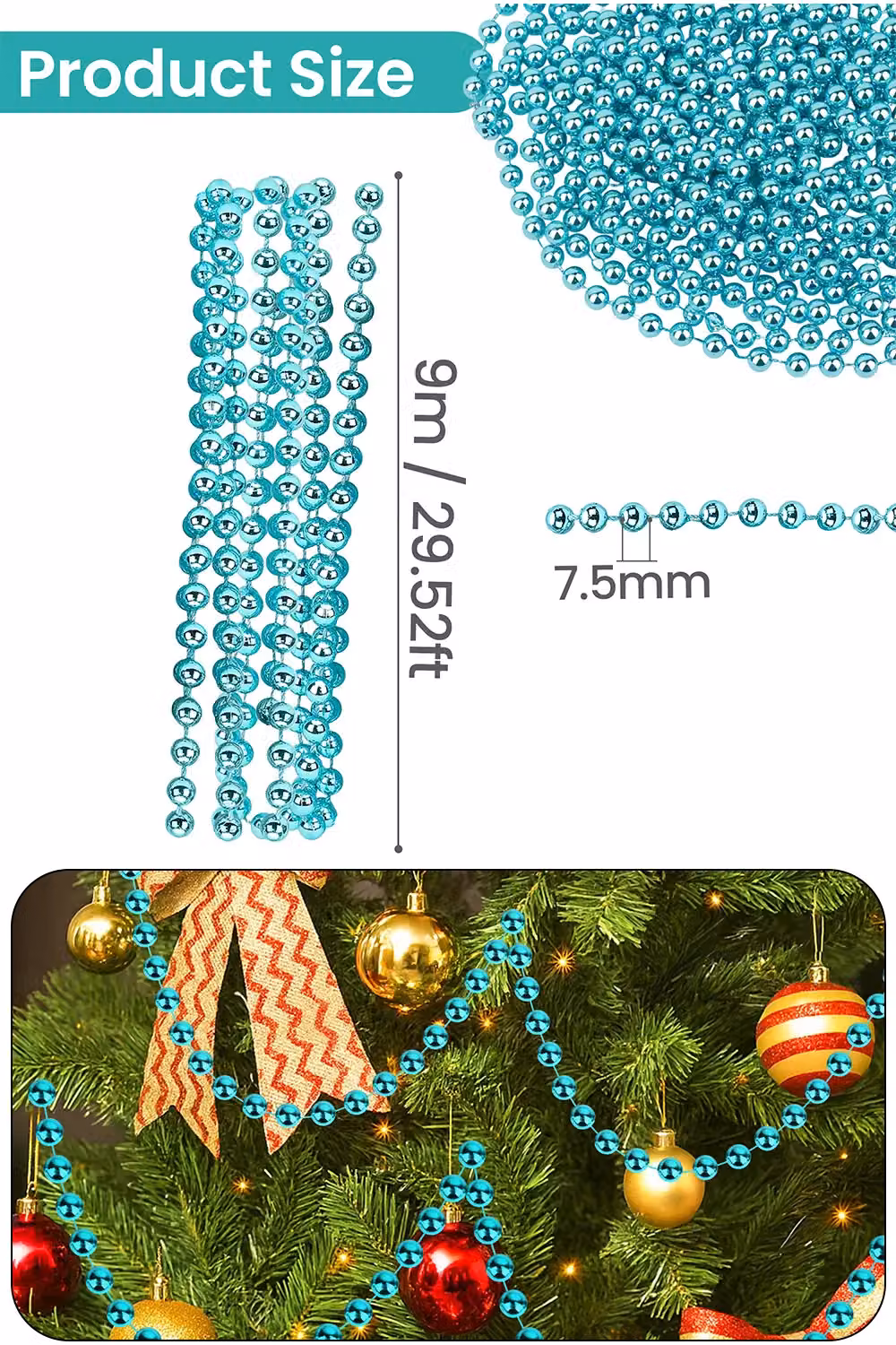 Neel Blue 9m Metallic Christmas Bead Chain, 7.5mm Shiny Turquoise Pearl Garland – 2