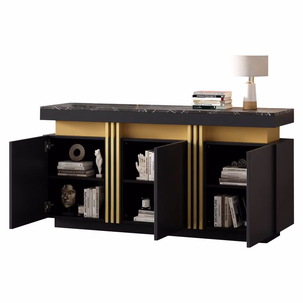 ModernLuxe Modern Sideboard Cabinet with Faux Marble Top and 3 Doors in Black, W/D/H: 140 x 38 x 70 cm – 2