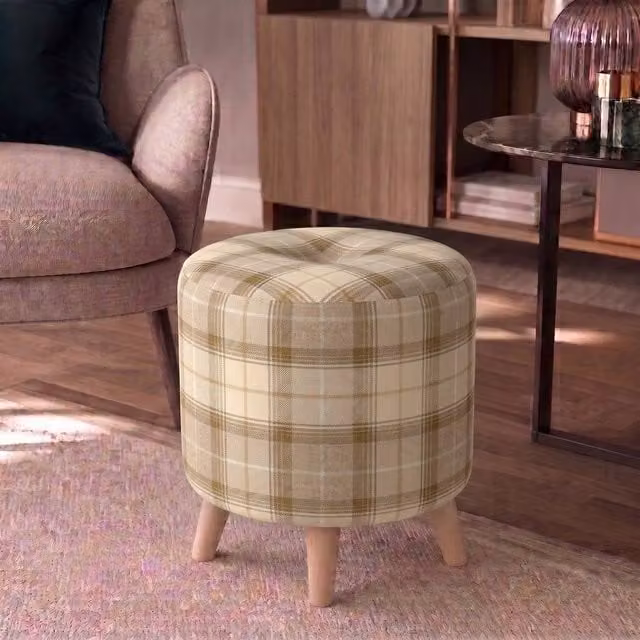 Nexus Mattresses Ltd Round Button Footstool in Cream Tartan Fabric with Natural Angled Feet