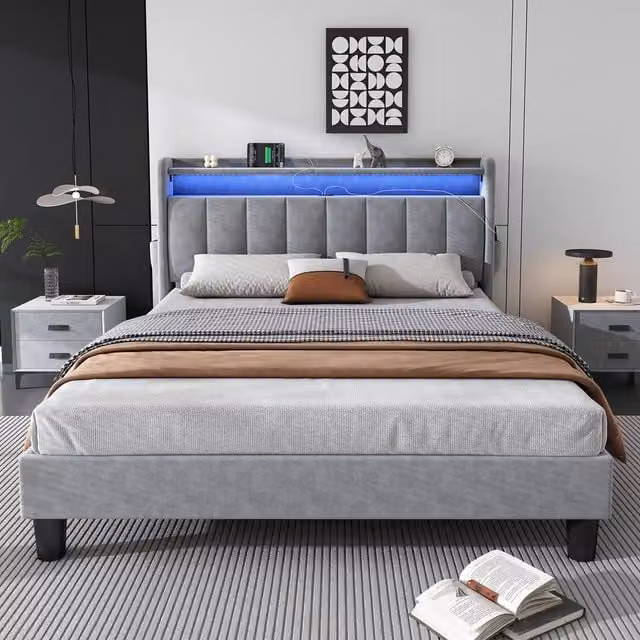 ModernLuxe Grey Velvet Upholstered Double Bed with LED Under-Bed Lighting, USB Charging Port and Storage Headboard, W/D/H: 140 x 190 x 107 cm – 1
