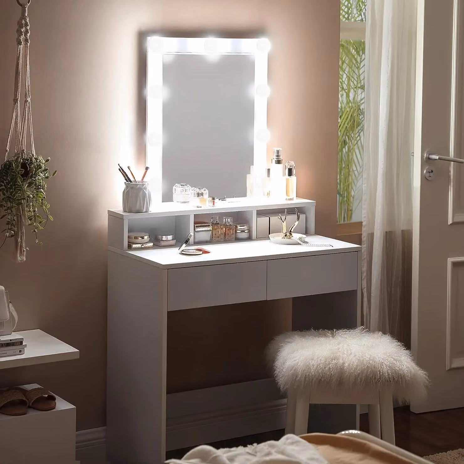 VASAGLE Modern White LED Vanity Table with Adjustable Brightness Mirror and 2 Drawers – 2