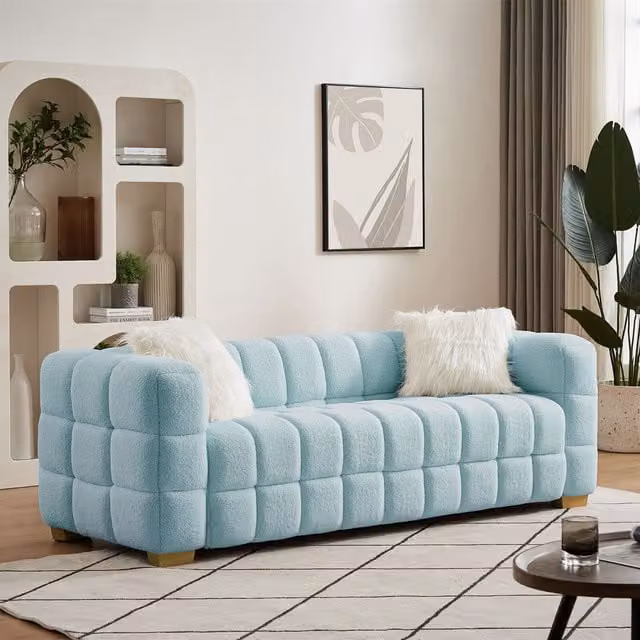 Furniture One 3 Seater Teddy Fleece Fabric Sofa in Baby Blue with 2 Scatter Cushions