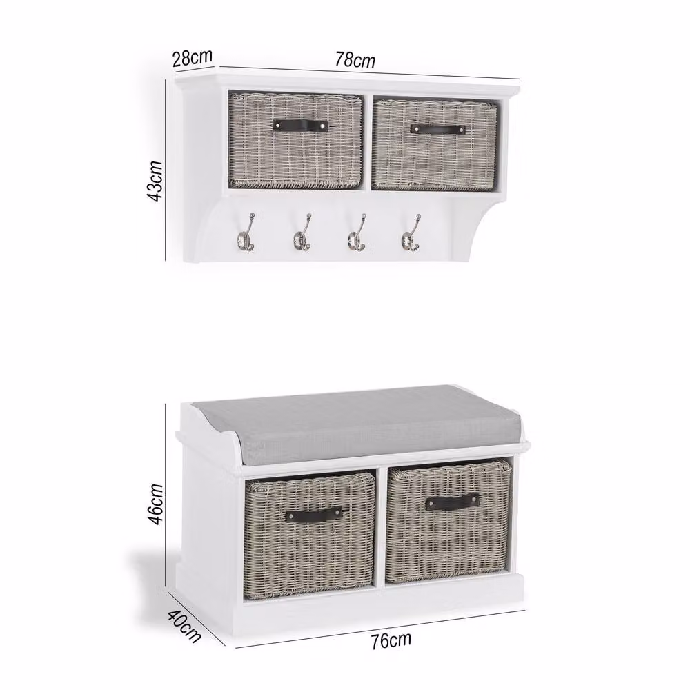 Statement Furniture Tetbury Hallway Set in White with Grey Faux Rattan Baskets and Grey Cushion – 2