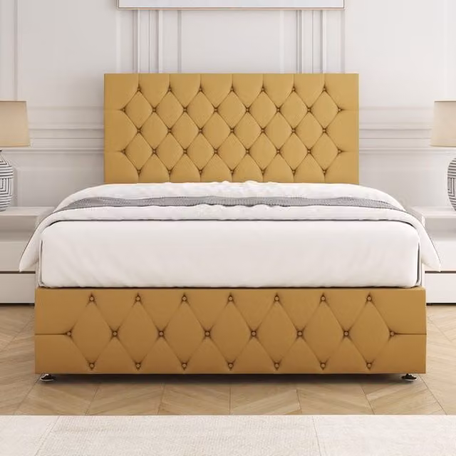 BSSPOKE Mulberry Small Double Divan Bed with 24 inch Plush Headboard and Footboard in Mustard Yellow Velvet Fabric, W/D/H: 120 x 200 cm