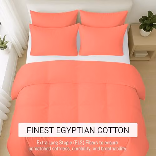 Pamposh Egyptian Cotton 400 Thread Count Single Duvet Cover Set, Coral, W: 135 cm x L: 200 cm – 2