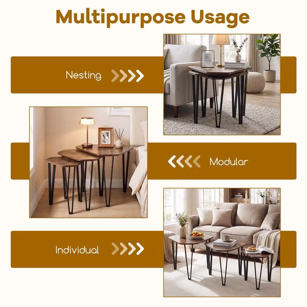 Costway Industrial Nesting Coffee Table Set with Irregular Hexagonal Glass and Metal Tops in Brown – 6