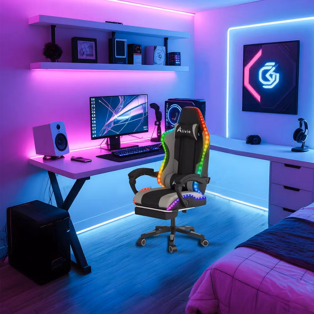 Alivio Wireless RGB LED Gaming Chair with App Control and Massage Lumbar Cushion in Grey – 5